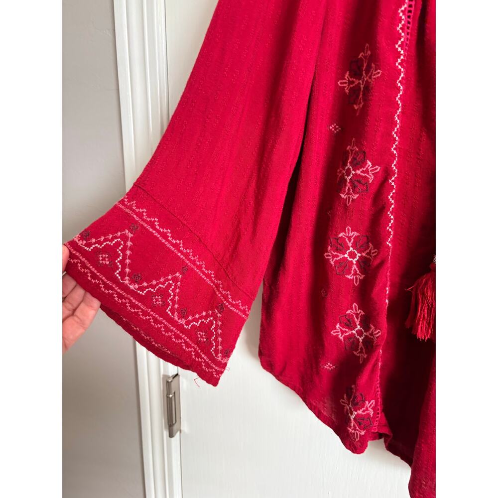 knox Rose Red embroidered Rayon Top Long Flare Sleeves Tassels XXL Boho Peasant - Picture 4 of 7